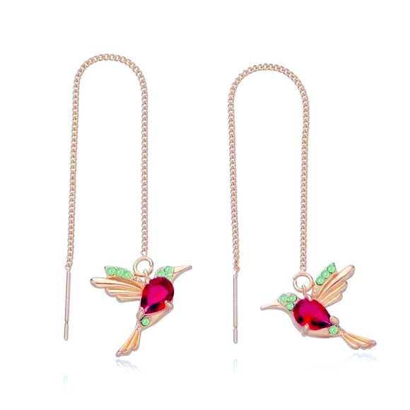 Long Ganging Cardinal Creative Exquisite Hummingbird Threader Gold Earrings - Picture 1 of 6